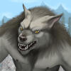 A grinning werewolf. He is grey. Behind him are snowy mountains.